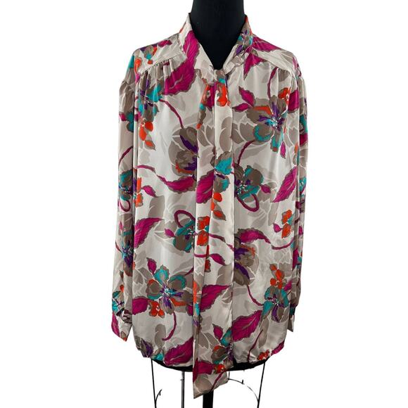 VTG Lady Winn by Teddi Beige Purple Floral Tie-Neck Long Sleeve Blouse Plus 24W - Picture 1 of 8